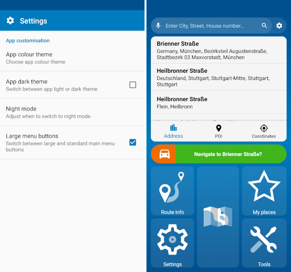 Large menu buttons of MapFactor Navigator 6 for Android