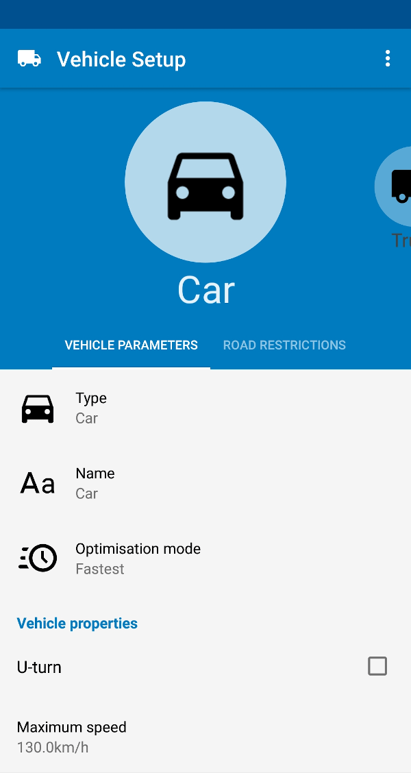 Choose your vehicle in Navigator for Android