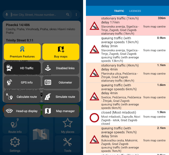 List of traffic problems in mapFactor Navigator for Android