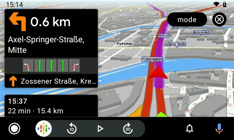 Navigation screen of MapFactor Navigator 7 on Android Auto display