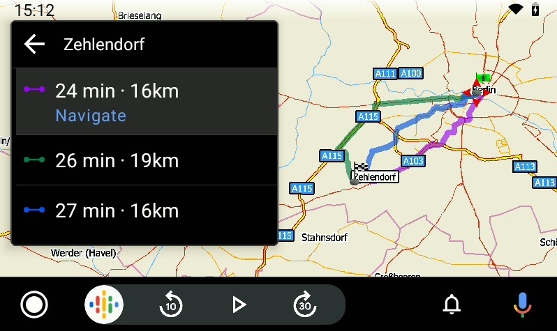 Alternative routes in MapFactor Navigator for Android Auto