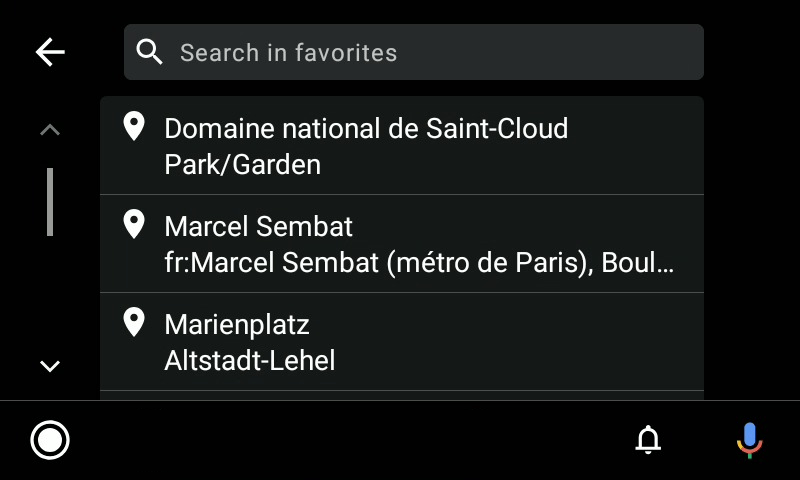 Navigator 7.2 on Android Auto in-built car display: Search in Favourites helps you access all your saved places