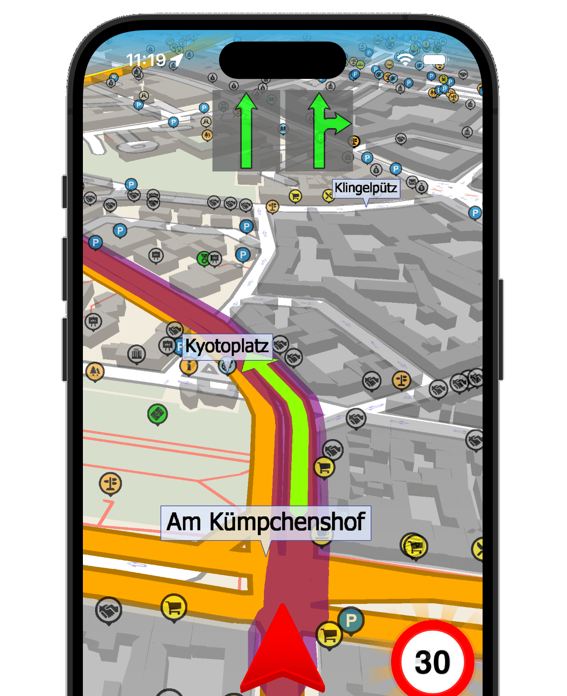 MapFactor Navigator on iPhone screen with navigation