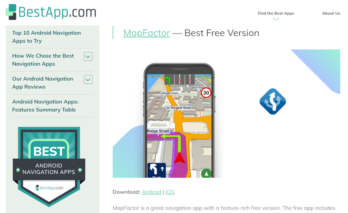 BestApps positive review on MapFactor GPS Navigation app