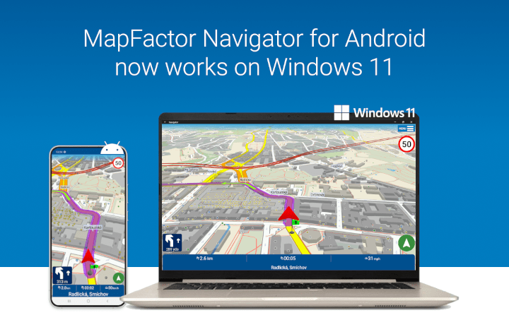 MapFactor Navigator Android on Windows 11 laptop