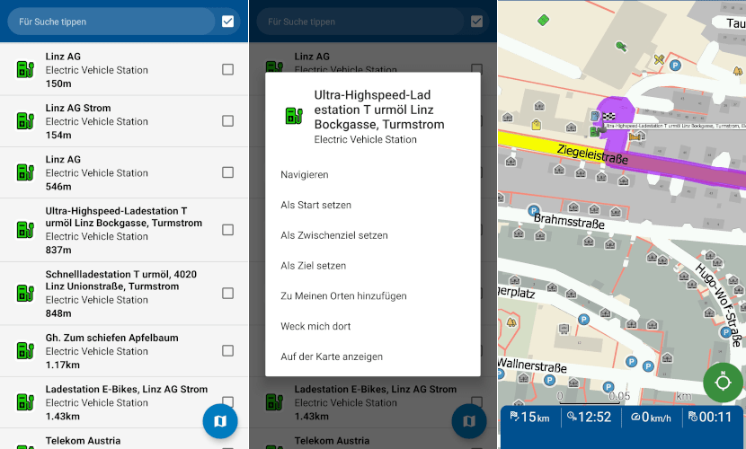 POI-Stromtankstellen und Navigation in Navigator 7 - Screenshots