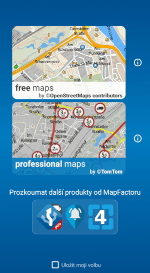 Nová volba druhu map (bezplatné OpenStreetMaps či placené profesionální TomTom mapy) v Navigatoru 7.2