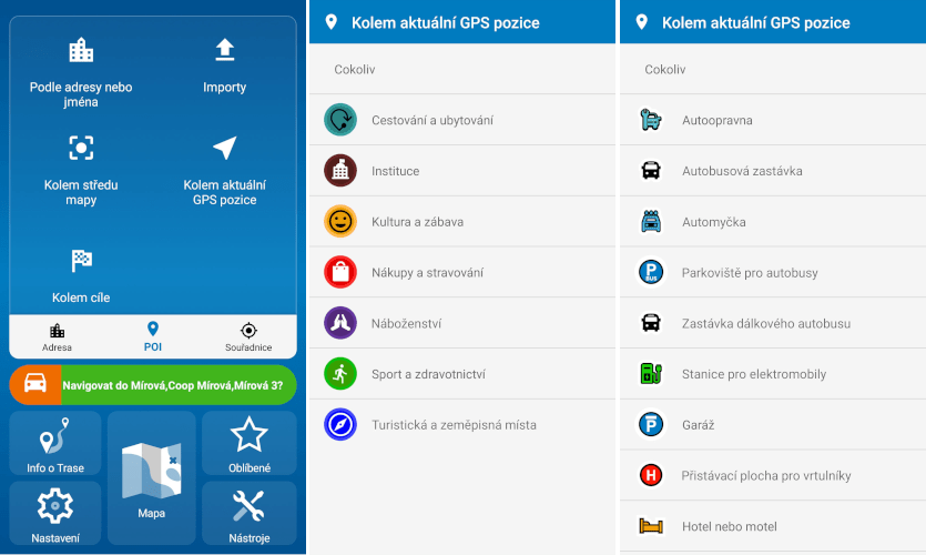 Vyhledávání a různé typy POI v Navigatoru 7.3 pro Android