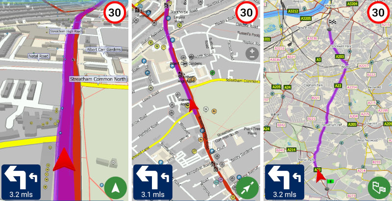 2D, 3D and route overview map mode in Navigator for Android